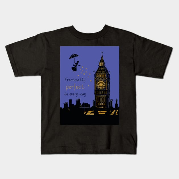 Mary Poppins Practically Perfect in Every Way Linocut Silhouette on Purple Kids T-Shirt by Maddybennettart